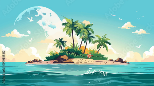 Cartoon island scene with palm trees ocean and moon suitable background