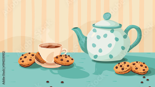 Cartoon illustration of a teapot with a cup of tea and cookies