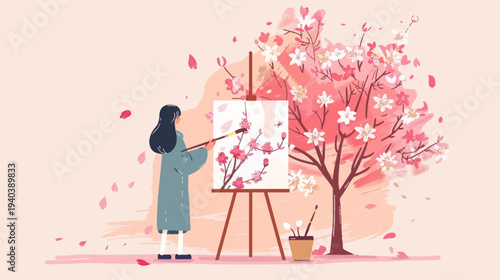 Woman painting cherry blossom tree illustration art style background design