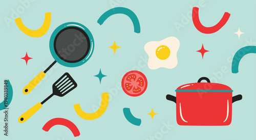 Playful illustration of cooking utensils and food items with colorful abstract shapes on a light blue background