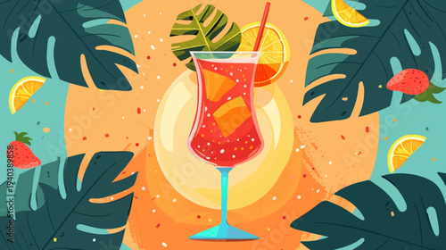 Vibrant cocktail illustration with tropical leaves and orange slices