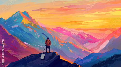 Colorful digital illustration of a person overlooking majestic mountains at sunset