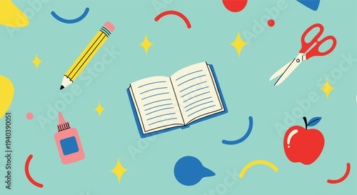 Vibrant and Playful Back to School Elements Scattered on a Cheerful Teal Background with Abstract Shapes and Sparkles