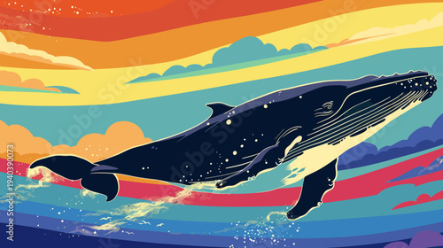 Vibrant illustration of a breaching whale against a colorful rainbow background