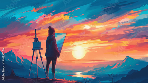 Artist painting sunset landscape creative scene with vibrant colors