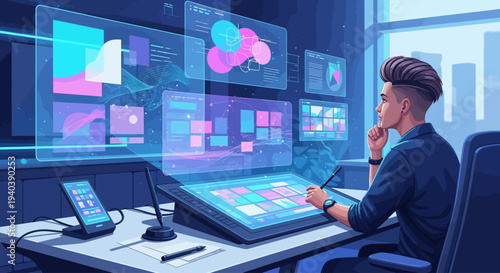 A male doctor or nurse consults with a female patient in a bright, modern clinic office, discussing health on a tablet.A person interacts with a futuristic transparent screen displaying complex glowin