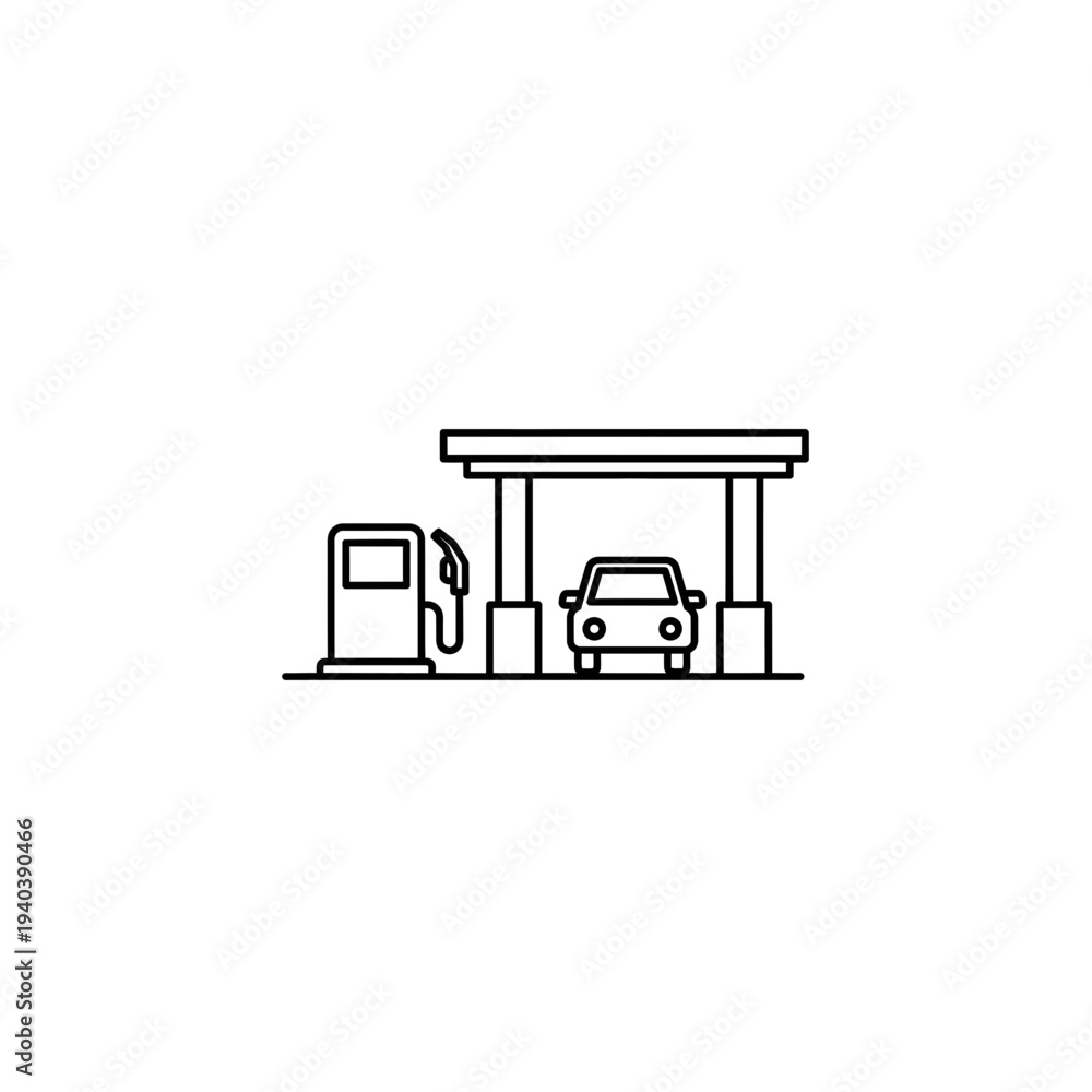 Fototapeta premium A simple line drawing of a car refueling at a gas station with a canopy