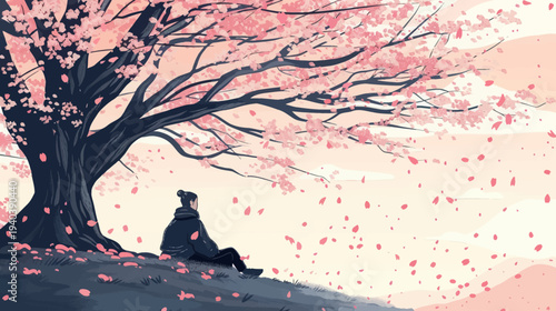 Woman beneath cherry blossom tree enjoying serene moment in nature