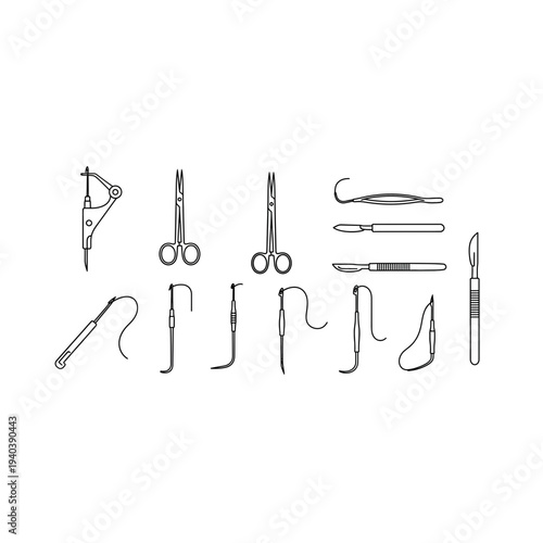 A collection of various surgical instruments including forceps and scissors