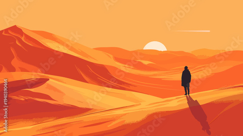 Desert landscape silhouette illustration featuring a person sunset and dunes