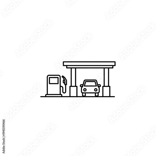 A simple line drawing of a car refueling at a gas station with a canopy