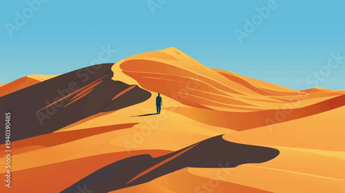 Desert scene illustration with person walking on sand dunes under a blue sky