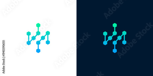 Abstract network of interconnected nodes and lines forming a digital connection symbol in blue and green gradient