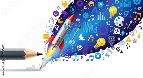 A pencil drawing a vibrant stream of creative ideas, innovation, art, music, and technology symbols.