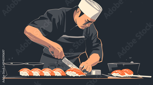 Chef prepares sushi culinary arts illustration on dark background