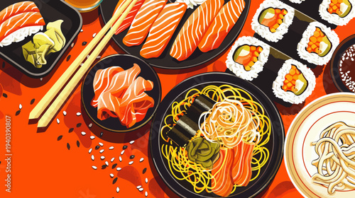 Delicious japanese cuisine assortment sushi sashimi noodles and chopsticks