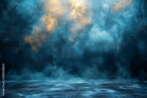 Thick ground fog fills a dark blue concrete room with glowing orange light on the upper wall