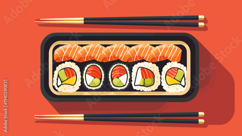 Sushi platter with chopsticks on a red background culinary illustration