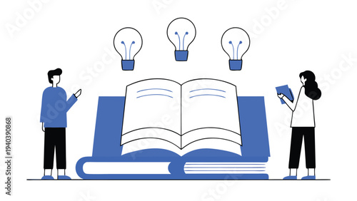 Students around open book with floating icons abstract concept vector illustrations