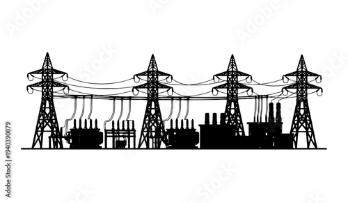 Electrical power plant infrastructure with transmission towers vector illustration isolated on white