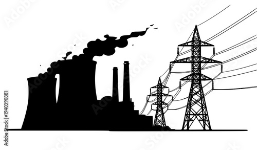 Electric power plant with cooling towers and power transmission lines vector illustration isolated