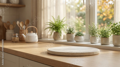 Wallpaper Mural Modern kitchen interior with empty wooden countertop, round cutting board, and various green potted plants on the sunlit windowsill, ideal for product display or food photography. Torontodigital.ca