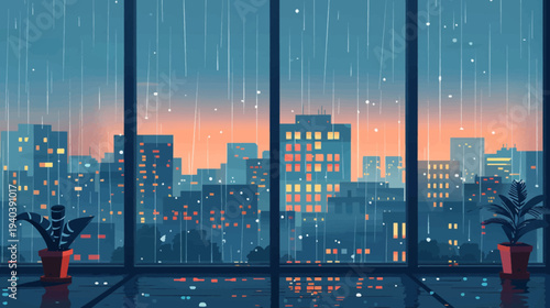 Evening cityscape through rain streaked window with potted plants