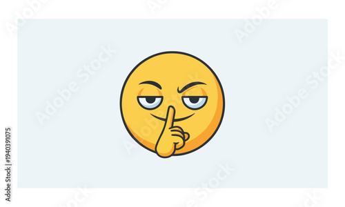 Smirking yellow emoticon making quiet sign with finger on lips