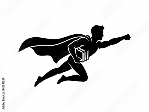 Superhero Student Flying with Books Silhouette