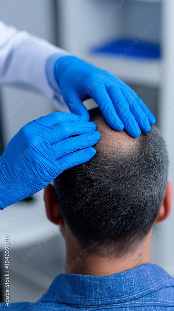 Fototapeta premium Doctor examining a patient's scalp for hair loss during a dermatology consultation.