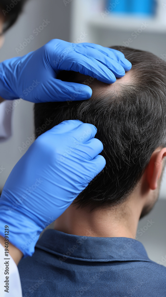 Fototapeta premium Doctor examining a patient's scalp for hair loss during a dermatology consultation.