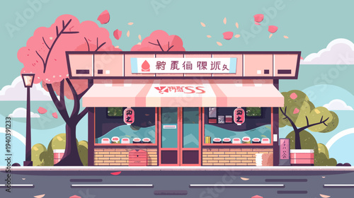 Cartoon illustration of a restaurant with cherry blossoms and road view
