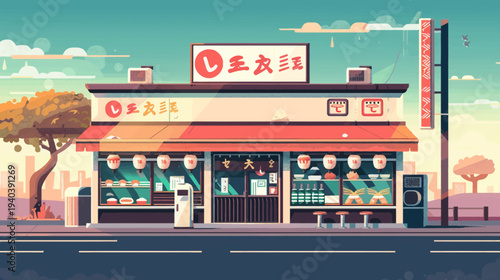 Cartoon illustration of a restaurant with a red and white awning and sign