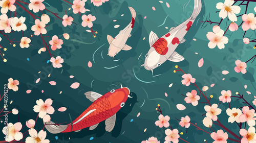 Koi fish swimming in a pond under cherry blossom branches illustration