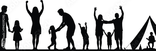 Family Camping and Outdoor Activities Silhouette Collection Showing Parents and Children Playing, Celebrating and Relaxing Near Tent Representing