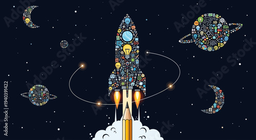 A creative rocket ship made of various icons and symbols launching from a pencil into a starry night sky.