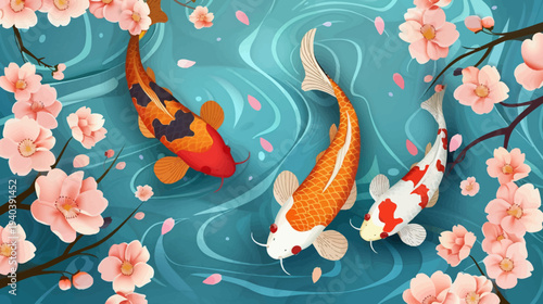 Three colorful koi fish swimming in a pond with cherry blossom branches