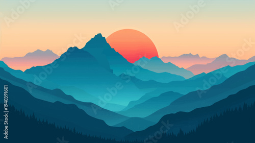 Stylized mountain landscape with sunset in vector format for commercial use