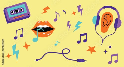 Retro music icons and symbols including cassette tape headphones and musical notes on a yellow background