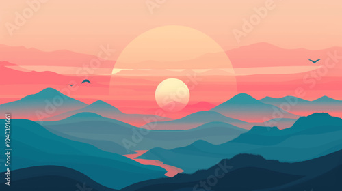 Abstract landscape with sunrise silhouette over mountain range in vibrant colors