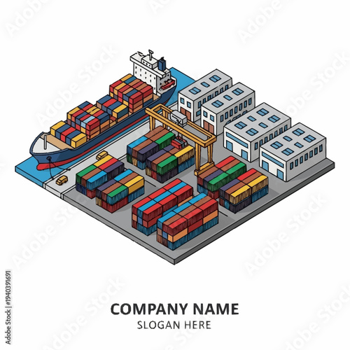Isometric illustration of a busy container shipping port with cargo ship and warehouses.