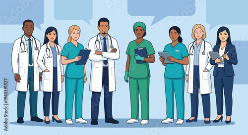 A professional medical team of smiling doctors and nurses in uniform stands together in a hospital, showcasing diverse healthcare staff and teamwork in a modern healthcare setting