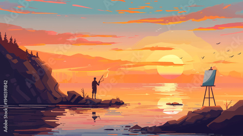 Sunset landscape painting with silhouette fisherman and artist painting