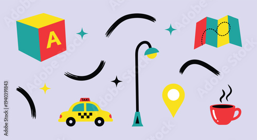 A charming collection of urban elements including a taxi, street lamp, map, and coffee cup on a light purple background