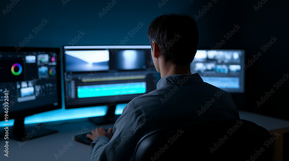 Obraz premium Security analyst monitoring multiple computer screens in a control room for cybersecurity and data surveillance.