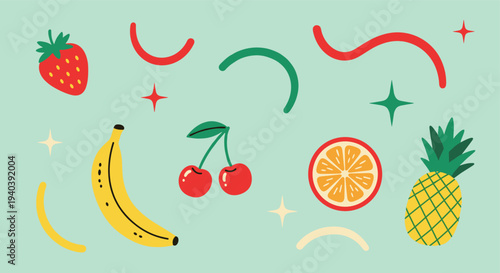 vibrant assortment of fresh fruits and playful abstract shapes on a pastel background creating a cheerful and energetic composition