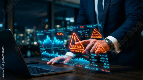 Businessman Interacting with High Risk Cyber Threat and Financial Alert HUD Interface