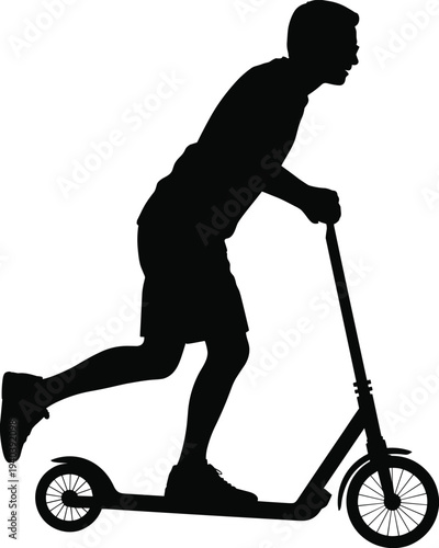 Silhouette of Boy Riding Kick Scooter Symbolizing Active Lifestyle Urban Mobility and Childhood Recreation Minimal Black and White Illustration Isolated on White Background