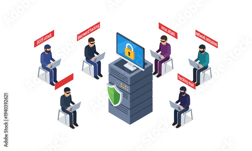 Isometric illustration of hackers attempting to breach a secure server with a padlock icon on its screen.