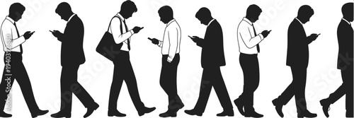 Silhouettes of Businessmen Walking While Using Smartphones Illustrating Modern Communication Technology Addiction Urban Lifestyle and
